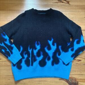 Shein black with blue flame crew goth pullover‎ sweater SIZE M